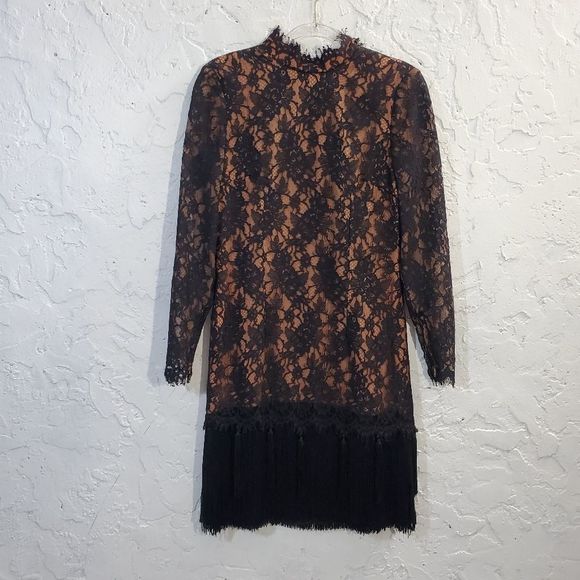 Saks Fifth Ave 80s Randall brooke formal Lace saying fringe cocktail  dress med - Picture 4 of 14
